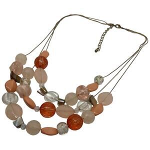 Triple Strand Statement Necklace Peach Coral Silver Beaded Layered Boho 20" Long